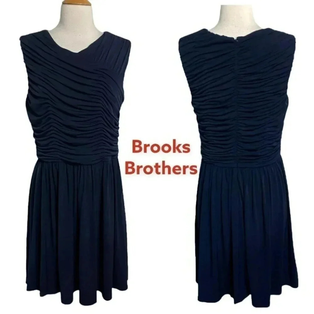 Brooks Brothers Red Fleece Dress L Navy Blue Ruched‎ V-Neck Fit Flare Sleeveless